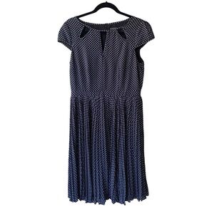 Adrianna Papell Pleated Black‎ Dress White Polka Dots Peek A Boo Neckline Sz 10